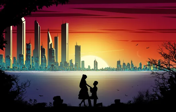 Sunset, the city, romance, two, silhouettes
