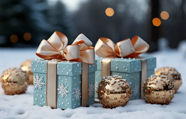 Picture winter, snow, decoration, snowflakes, balls, New Year, Christmas, gifts