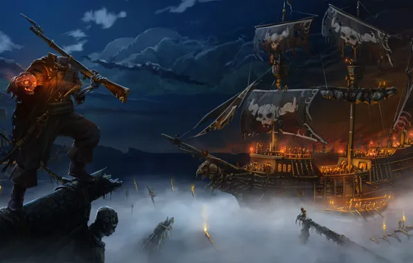 Sea, night, fog, fire, ship, skull, art, pirate
