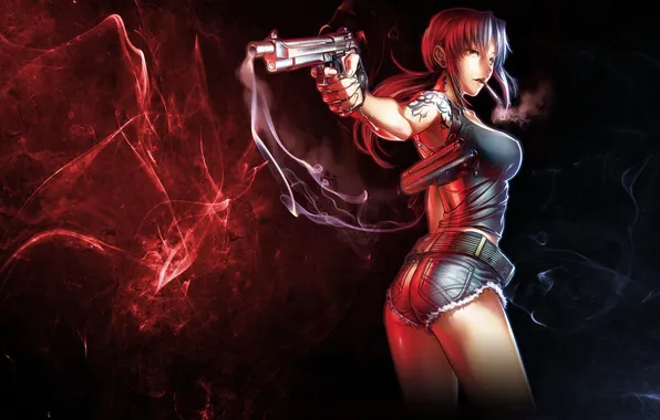 Ass, look, girl, weapons, smoke, Black Lagoon, cigarette, gesture