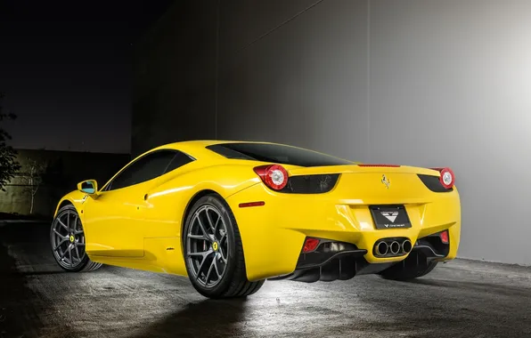 Picture yellow, wall, ferrari, Ferrari, rear view, yellow, Italy, 458 italia