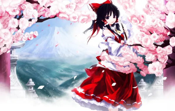 Picture girl, tree, mountain, petals, Sakura, temple, touhou, hakurei reimu