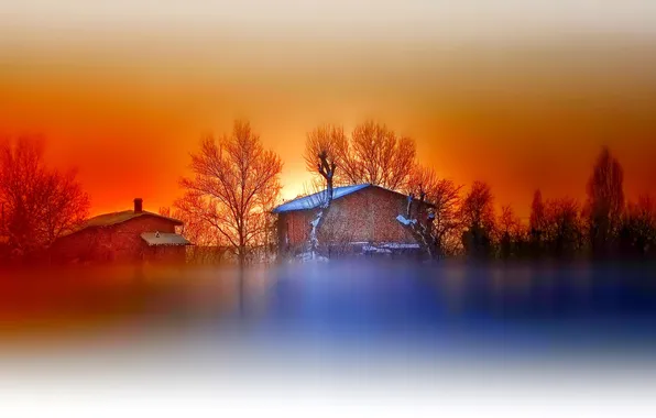 The sky, trees, sunset, house