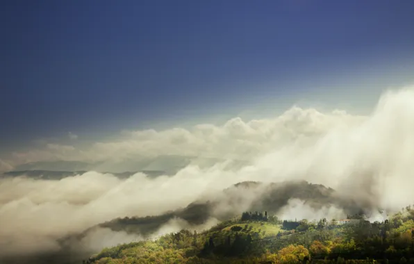 The sky, the sun, clouds, mountains, fog, house, house, sunshine