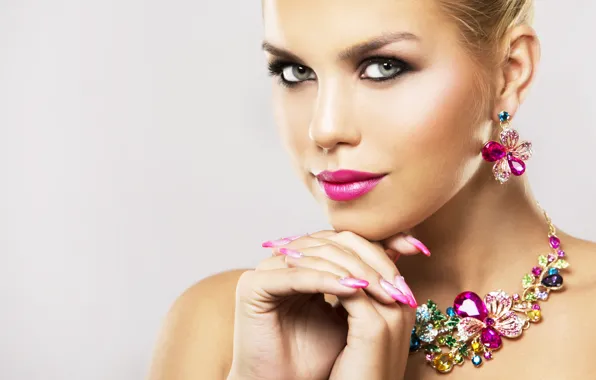 Look, girl, decoration, eyelashes, makeup, lipstick, earrings, necklace