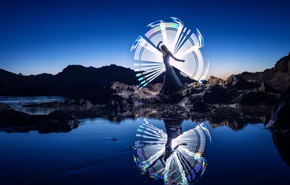 The sky, water, girl, light, landscape, night, nature, pose