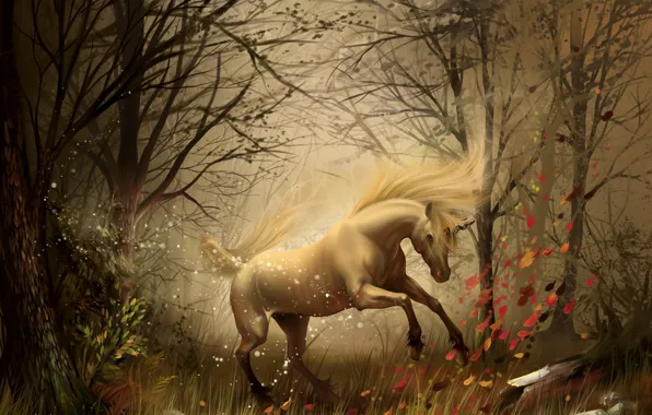 Picture autumn, forest, unicorn