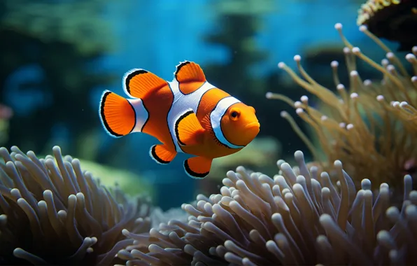 Sea, nature, fish, underwater world, anemones, clown fish, AI art, neural network