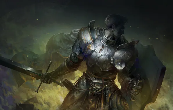 Picture sword, fantasy, armor, man, digital art, artwork, shield, warrior