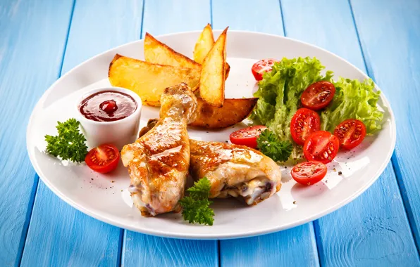 Greens, chicken, plate, vegetables, tomatoes, sauce, salad