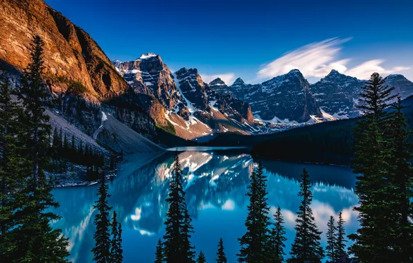 Trees, mountains, lake, reflection, Canada, Albert, Banff National Park, Alberta