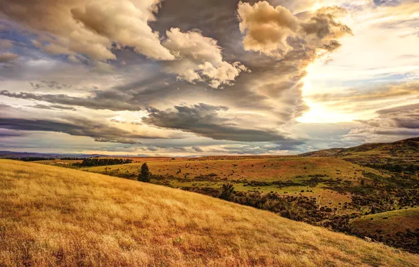 Field, autumn, the sky, clouds, hills, ate