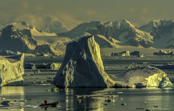 Picture mountains, nature, the ocean, boat, ice, ice, snow