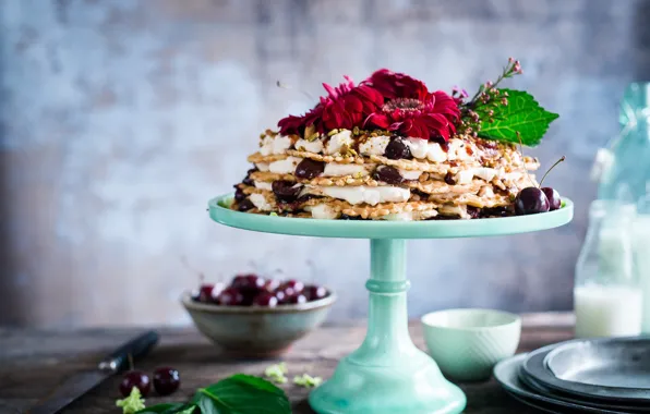 Decoration, flowers, berries, cake, cream, dessert, waffles, sweet