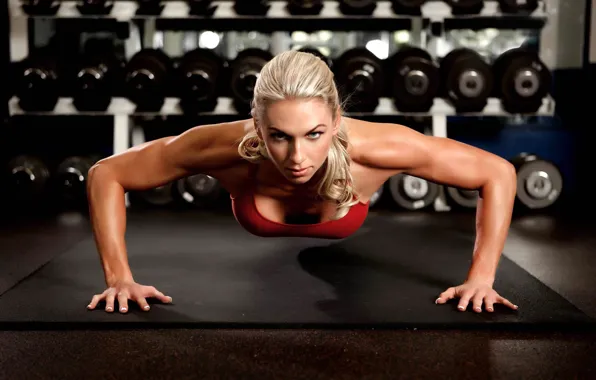 Picture look, girl, sport, blonde, the gym, pushups