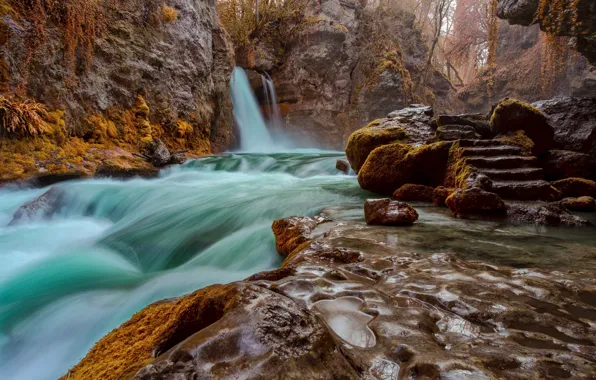 Autumn, stones, rocks, waterfall, moss, stream