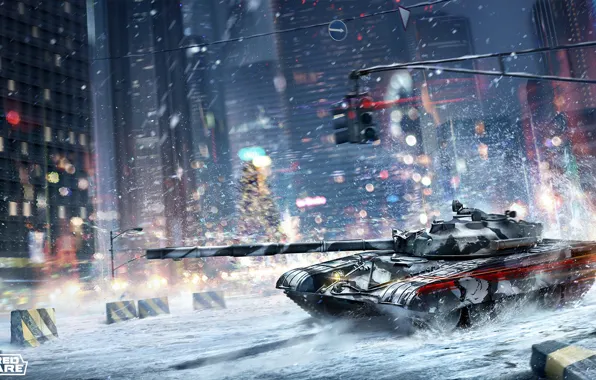 Winter, the city, street, tank, armored warfare