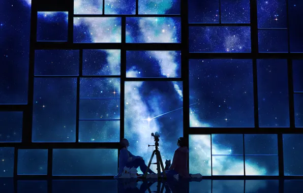 The sky, cat, stars, night, anime, scarf, window, art