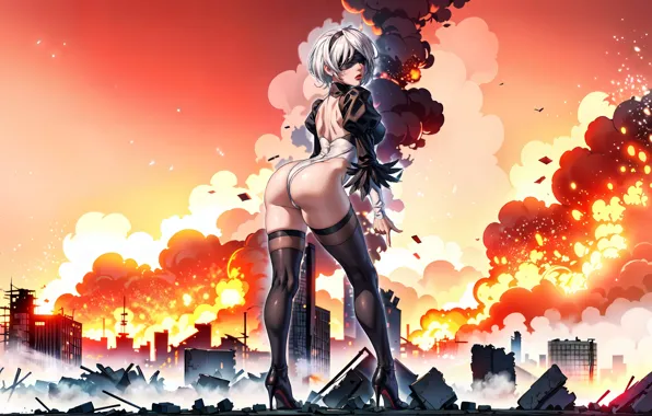 Ass, stockings, ruins, looking back, apocalyptic, Nier Automata, AI art