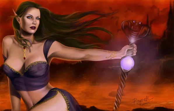 Girl, snake, art, lava, staff, elf