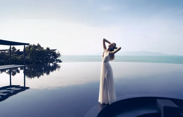 Pool, dress, blonde, girl