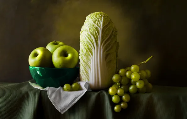 Table, background, apples, grapes, dishes, fruit, vegetables, cabbage