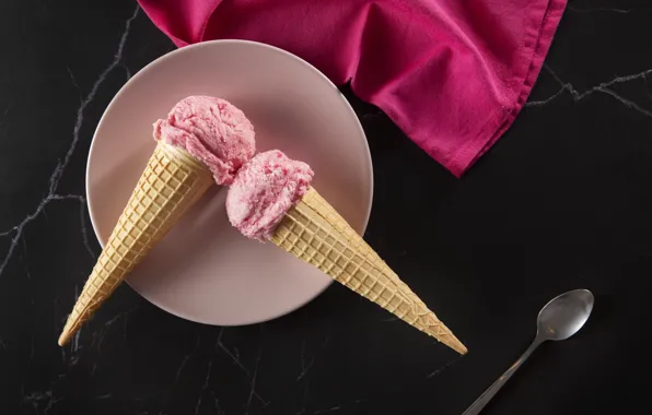 The dark background, towel, pink, spoon, ice cream, bowl, dessert, horns