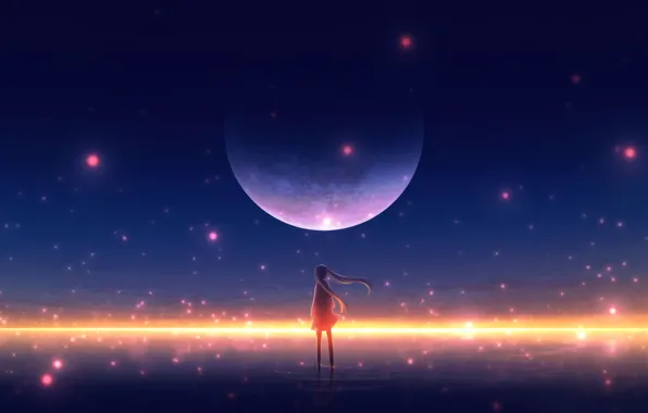 Water, girl, night, the moon, lights
