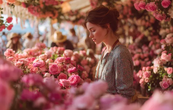 Girl, light, flowers, people, roses, profile, pink, a lot