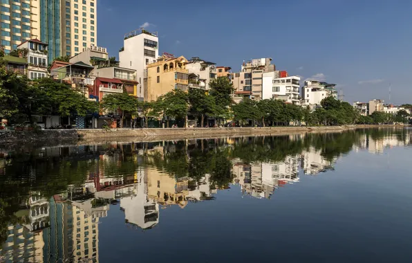 Reflection, river, building, Vietnam, Hanoi