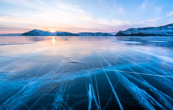 Ice, the sky, snow, mountains, cracked, lake, sunrise, Baikal