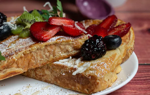 Berries, raspberry, kiwi, blueberries, plate, bread, BlackBerry, toast
