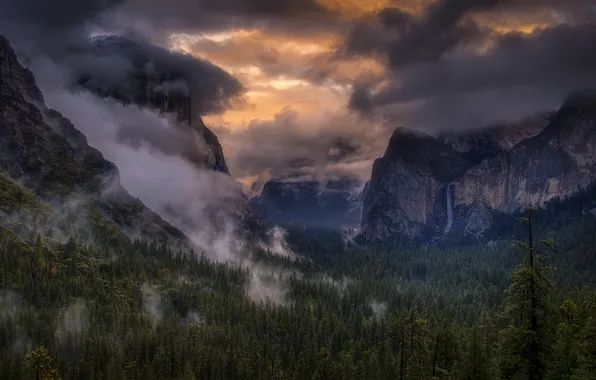 The sky, clouds, trees, mountains, fog, waterfall, USA, Yosemite National Park