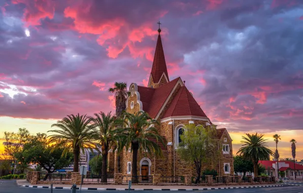 Road, sunset, clouds, the city, palm trees, the evening, Church, architecture