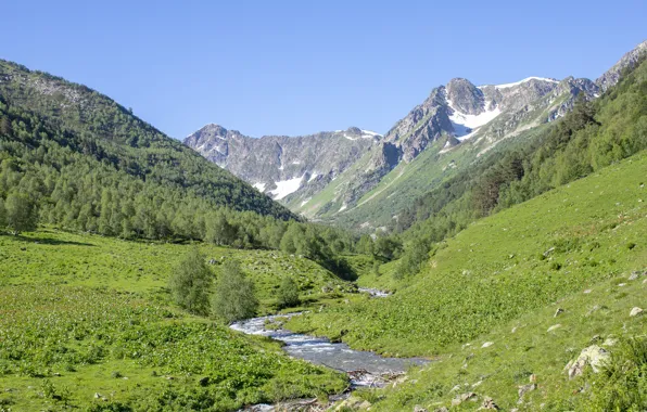 Mountains, valley, The Caucasus, mountain river, Arkhyz, river dukka, Duchinski, summer in the mountains