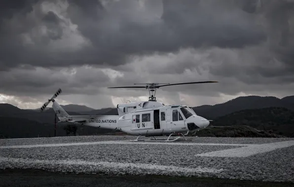 Clouds, helicopter, UN, landing pad, Bell UH-1 Iroquois