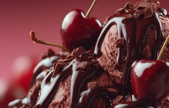 Macro, cherry, berries, ice cream, red background, dessert, cherry, chocolate