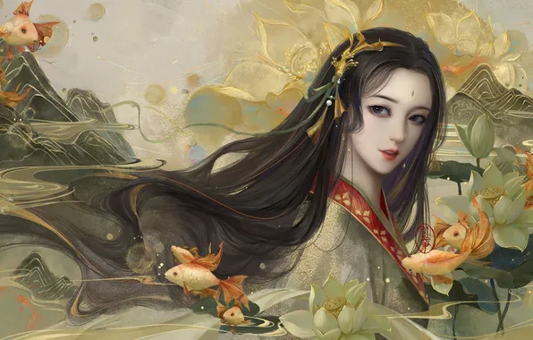 Girl, fish, fish, flowers, zloty fish