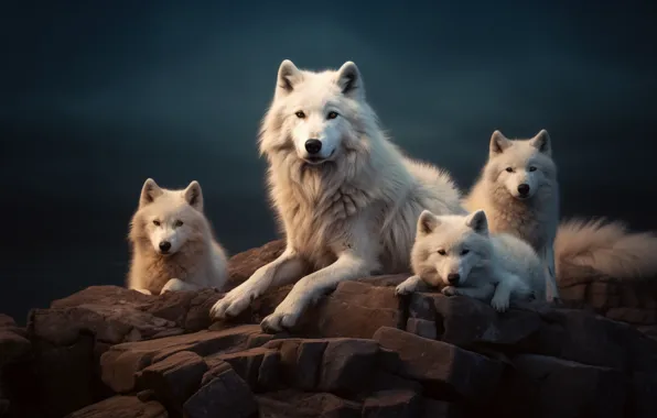 White, look, face, nature, pose, the dark background, stones, wolf