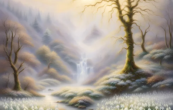 Forest, the sun, light, landscape, flowers, mountains, nature, fog