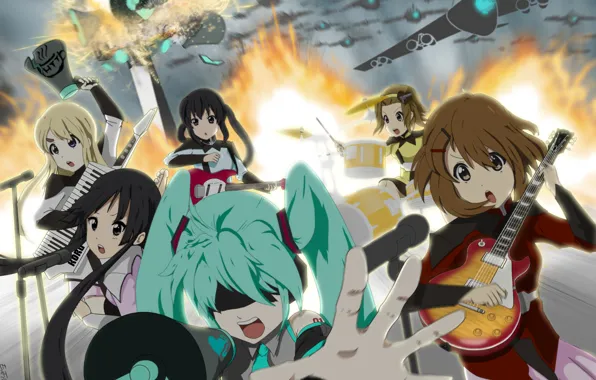 Picture girls, fire, guitar, explosions, group, anime, Hatsune Miku, K-On