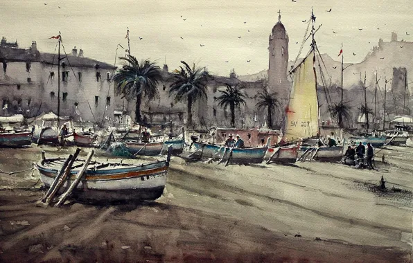Picture shore, tower, picture, boats, watercolor, the urban landscape, Maximilian DAmico