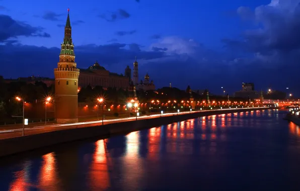 Night, River, Moscow, The Kremlin