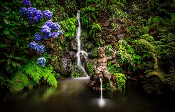 Leaves, flowers, Park, waterfall, garden, sculpture, Portugal, fern