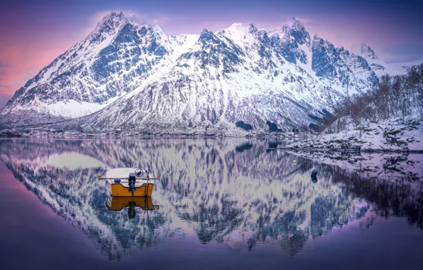 Winter, snow, landscape, mountains, nature, lake, reflection, shore