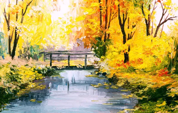 Forest, bridge, Park, river, seasons, paint, picture, art