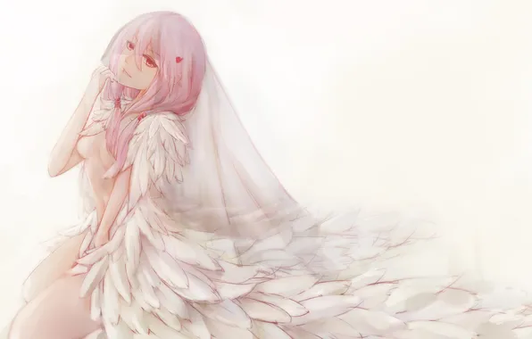 Girl, anime, feathers, white background, veil, sitting, guilty crown, naked