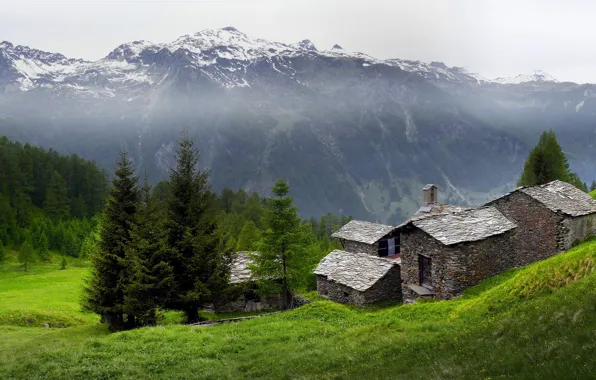 Picture landscape, mountains, houses