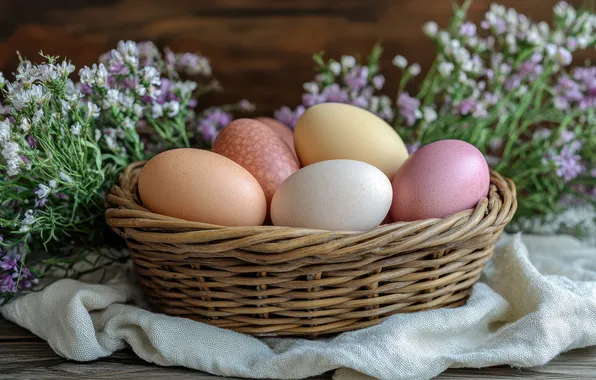 Flowers, table, holiday, eggs, towel, spring, Easter, pink