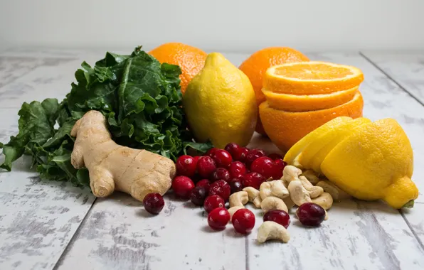 Leaves, berries, table, Board, oranges, nuts, lemons, slices